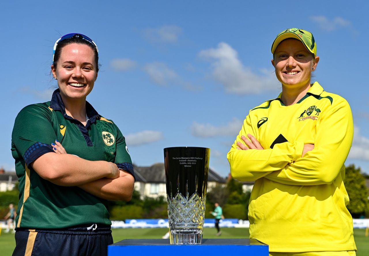 Laura Delany and Alyssa Healy pose with the women's ODI series trophy, Ireland vs Australia, 2nd ODI, Dublin, July 25, 2023