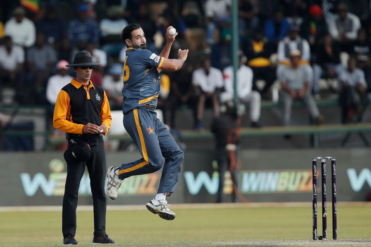 Irfan Pathan bowls for Harare Hurricanes in the Zim Afro T10, Harare Hurricanes vs Cape Town Samp Army, Zim Afro T10, Harare, July 22, 2023