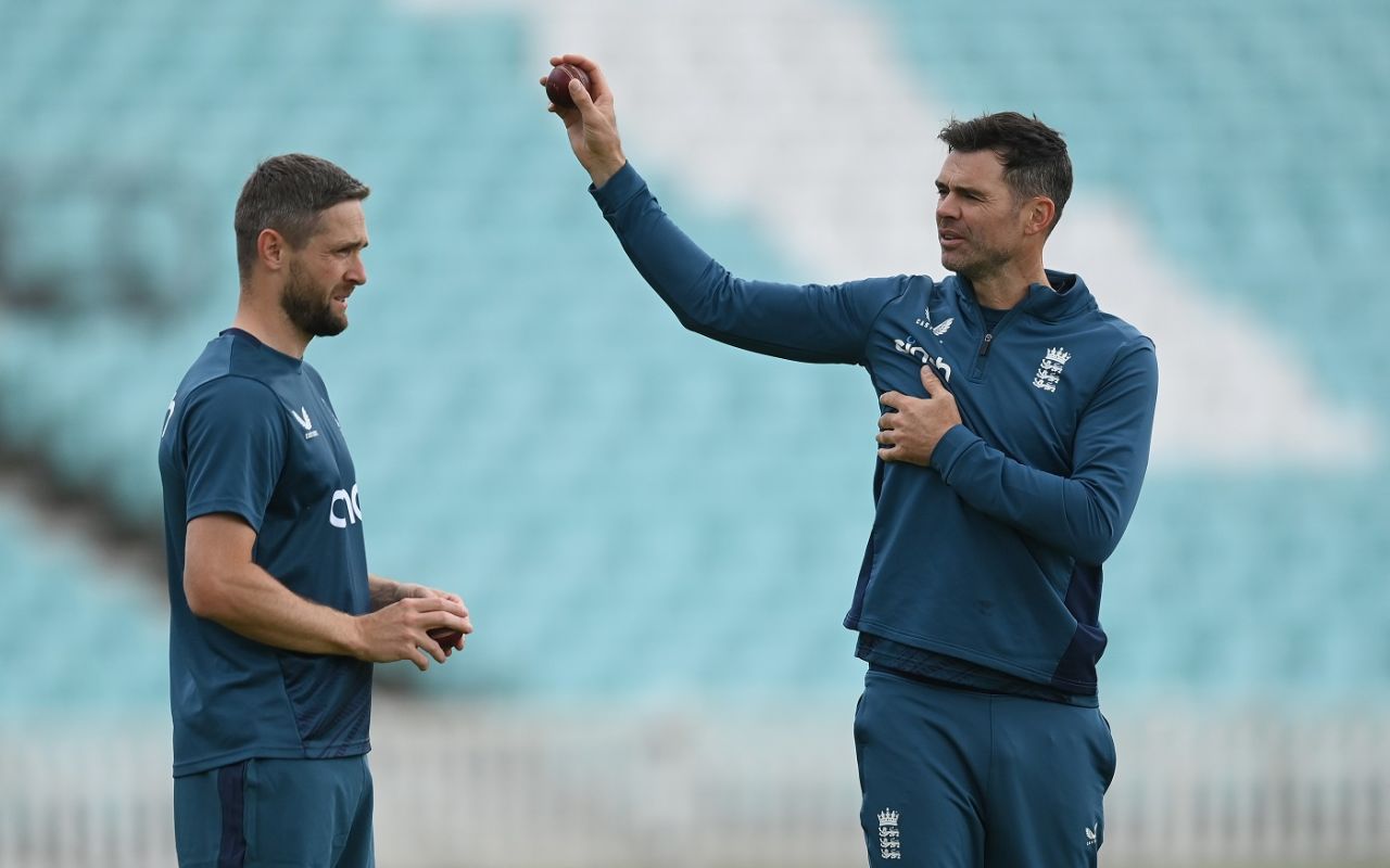 James Anderson and Chris Woakes get ready to have a crack during England's net session, London, July 25, 2023