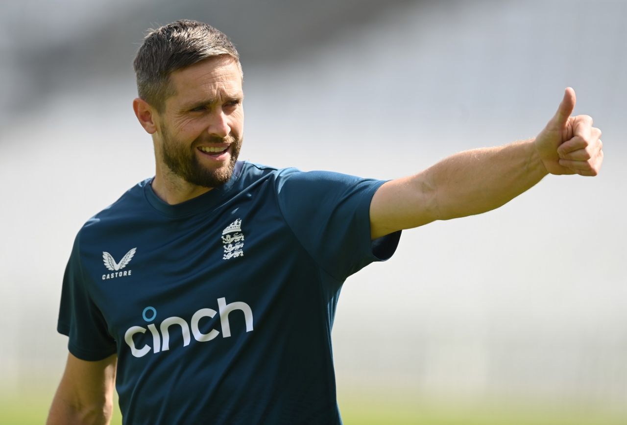 Chris Woakes was in a cheerful mood at the net session, London, July 25, 2023