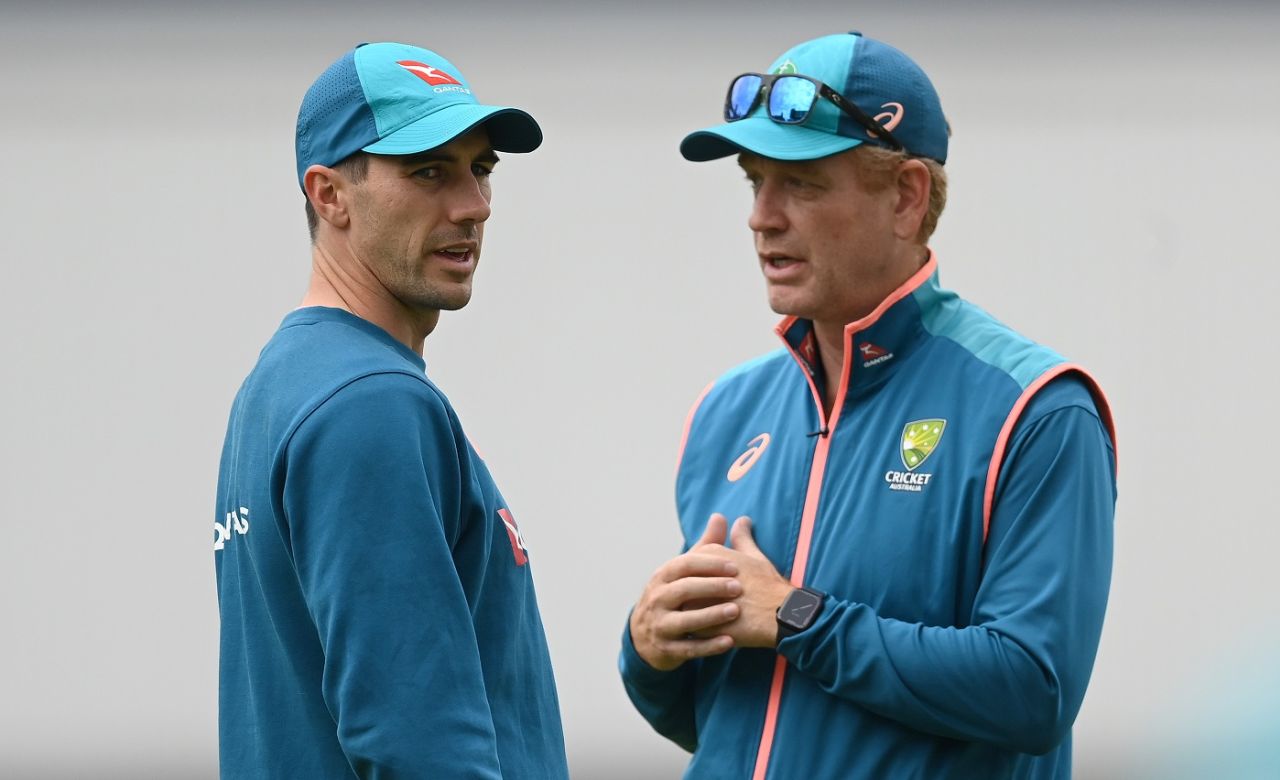 Pat Cummins has a chat with Australia's coach Andrew McDonald, London, July 25, 2023