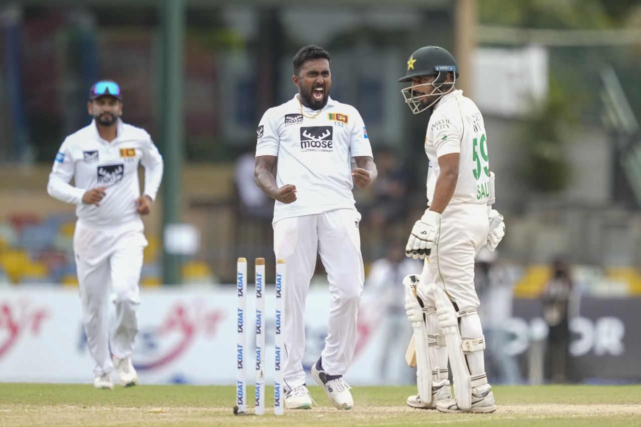 Asitha Fernando celebrates dismissing Saud Shakeel, Sri Lanka vs Pakistan, 2nd Test, Colombo, 3rd day, July 26, 2023