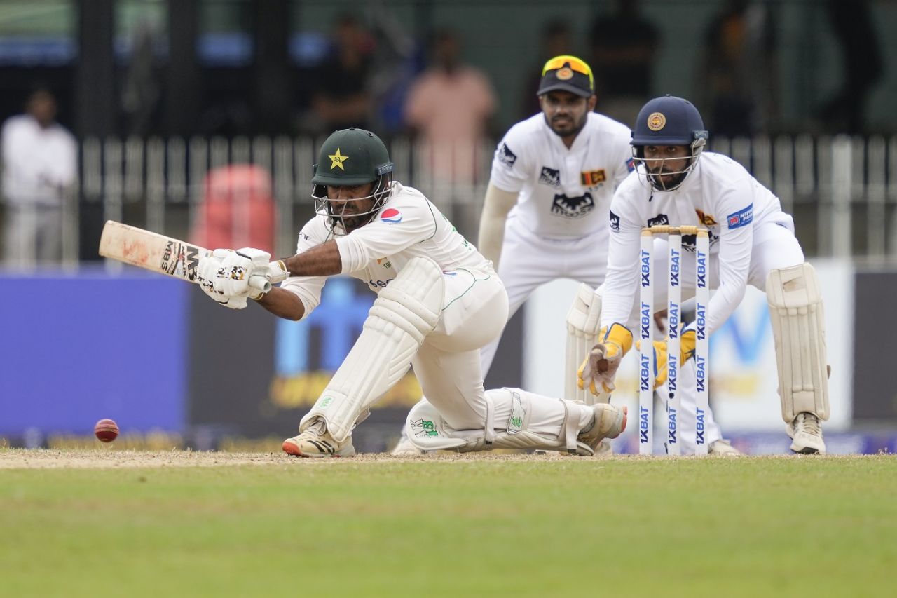 Sarfaraz Ahmed launches into a sweep, Sri Lanka vs Pakistan, 2nd Test, Colombo, 3rd day, July 26, 2023
