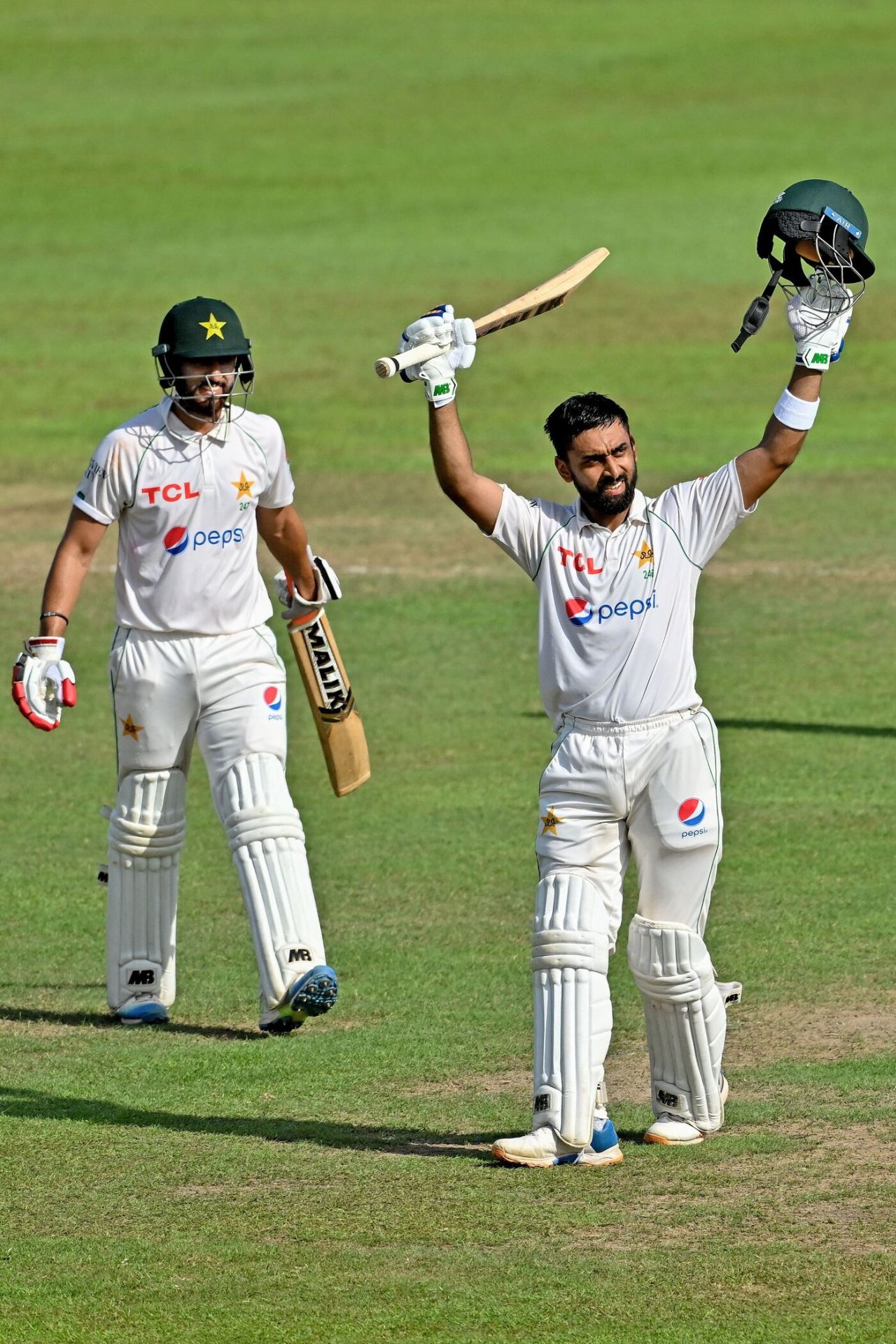 Abdullah Shafique celebrates his maiden Test double-ton, while a pleased Agha Salman looks on, Sri Lanka vs Pakistan, 2nd Test, Colombo, 3rd day, July 26, 2023