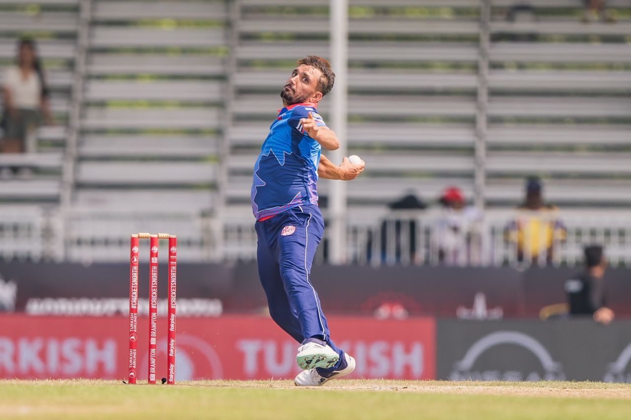 Zaman Khan in action at the GLT20 Canada, Mississauga Panthers vs Toronto Nationals, Global T20 Canada, Brampton, July 26, 2023