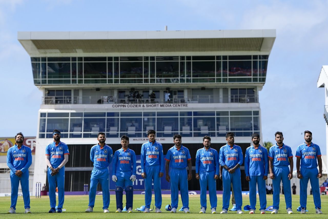 The Indian team lines up for the national anthem, West Indies vs India, 1st ODI, Bridgetown, July 27, 2023