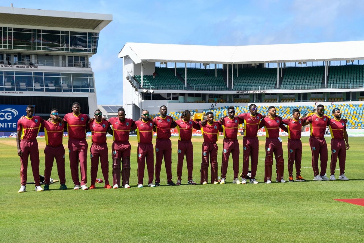 The West Indies team lines up ahead of the game, West Indies vs India, 1st ODI, Bridgetown, July 27, 2023