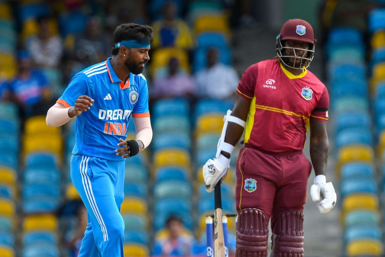 Hardik Pandya celebrates after dismissing Kyle Mayers, West Indies vs India, 1st ODI, Bridgetown, July 27, 2023