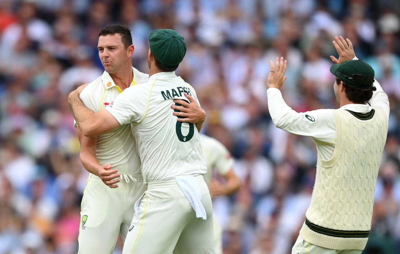 Josh Hazlewood celebrates the wicket of Jonny Bairstow, England vs Australia, 5th men's Ashes Test, The Oval, 1st day, July 27, 2023