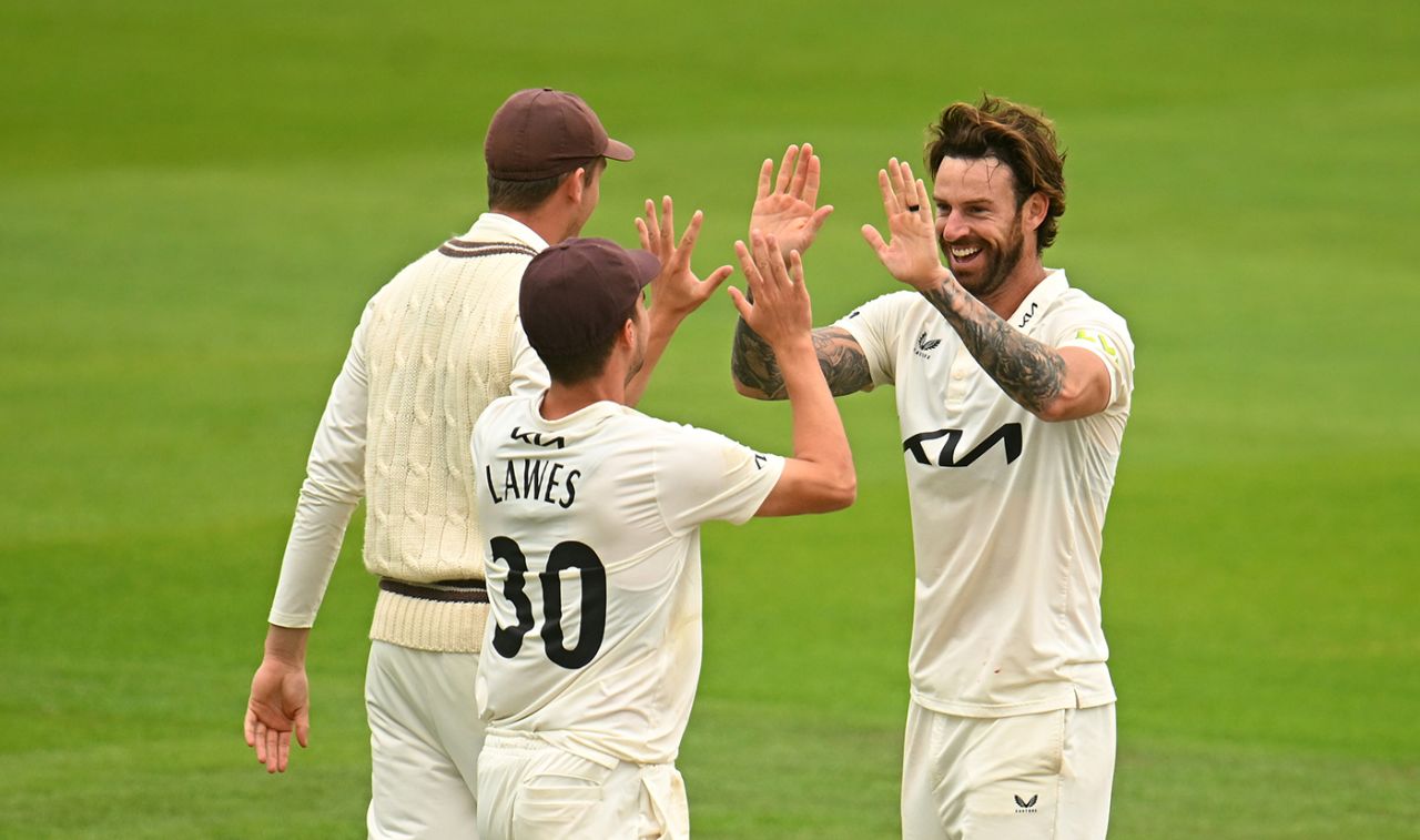 Jordan Clark celebrates a wicket, Somerset vs Surrey, County Championship, Taunton, July 27, 2023