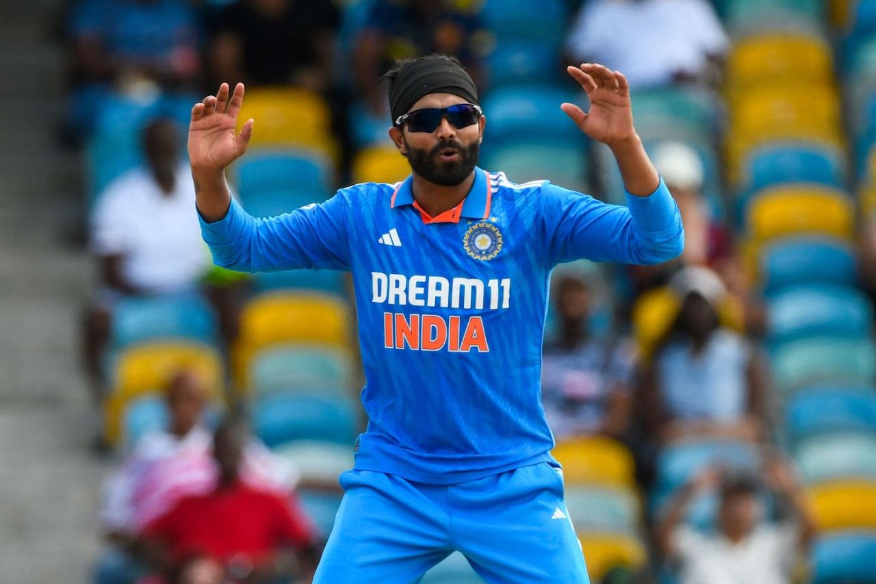 Ravindra Jadeja puzzled the batters to complete a three-for, West Indies vs India, 1st ODI, Bridgetown, July 27, 2023