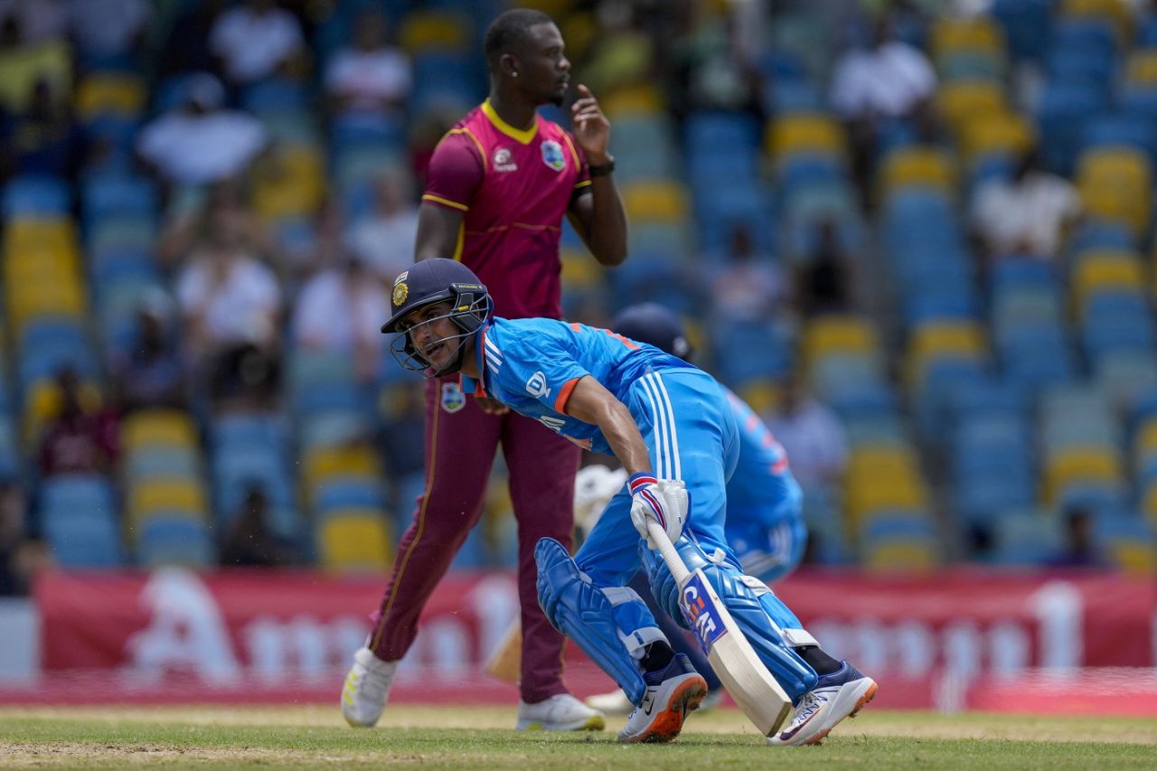 Shubman Gill contemplates a second run, West Indies vs India, 1st ODI, Bridgetown, July 27, 2023