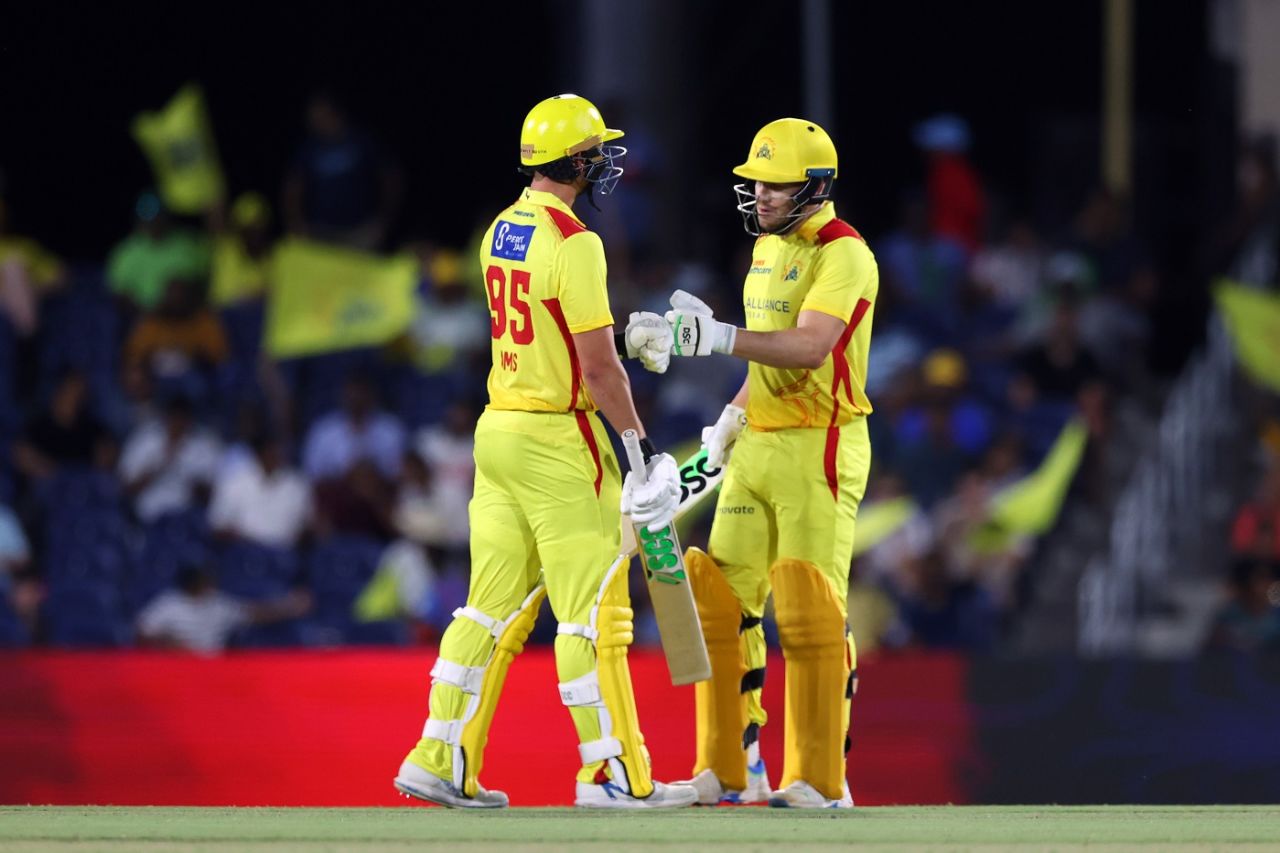 Daniel Sams and David Miller during their partnership, Seattle Orcas vs Texas Super Kings, Qualifier 1, MLC, Dallas, July 27, 2023