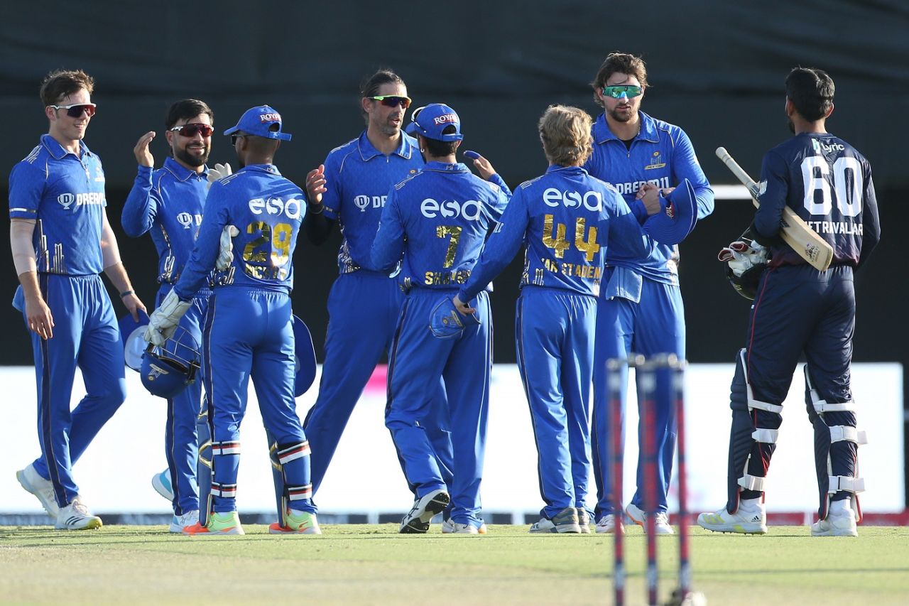 MI New York celebrate their win, Washington Freedom vs MI New York, Eliminator, MLC, Dallas, July 27, 2023