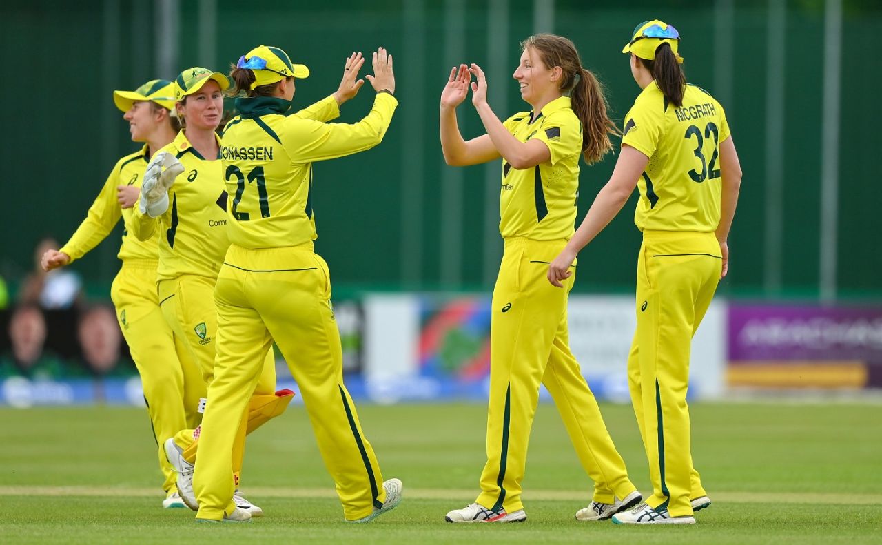 Darcie Brown celebrates a wicket, at the toss with Ireland's Laura Delany, Ireland vs Australia, 3rd ODI, Dublin, July 28, 2023