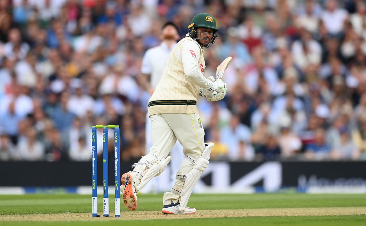 Usman Khawaja tucks the ball leg side during a cautious start, England vs Australia, 5th men's Ashes Test, The Oval, 2nd day, July 28, 2023