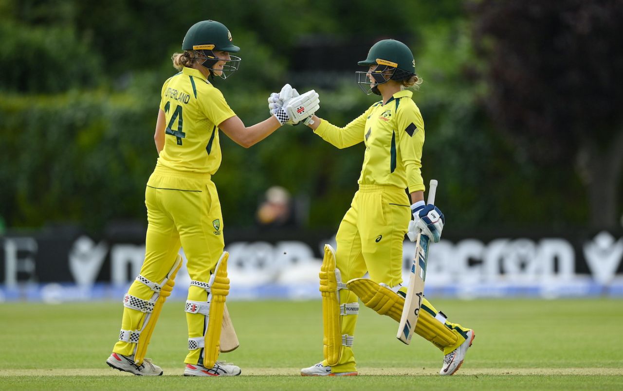 Annabel Sutherland and Phoebe Litchfield savour their massive opening stand, Ireland Women vs Australia Women, 3rd ODI, Dublin, July 28, 2023