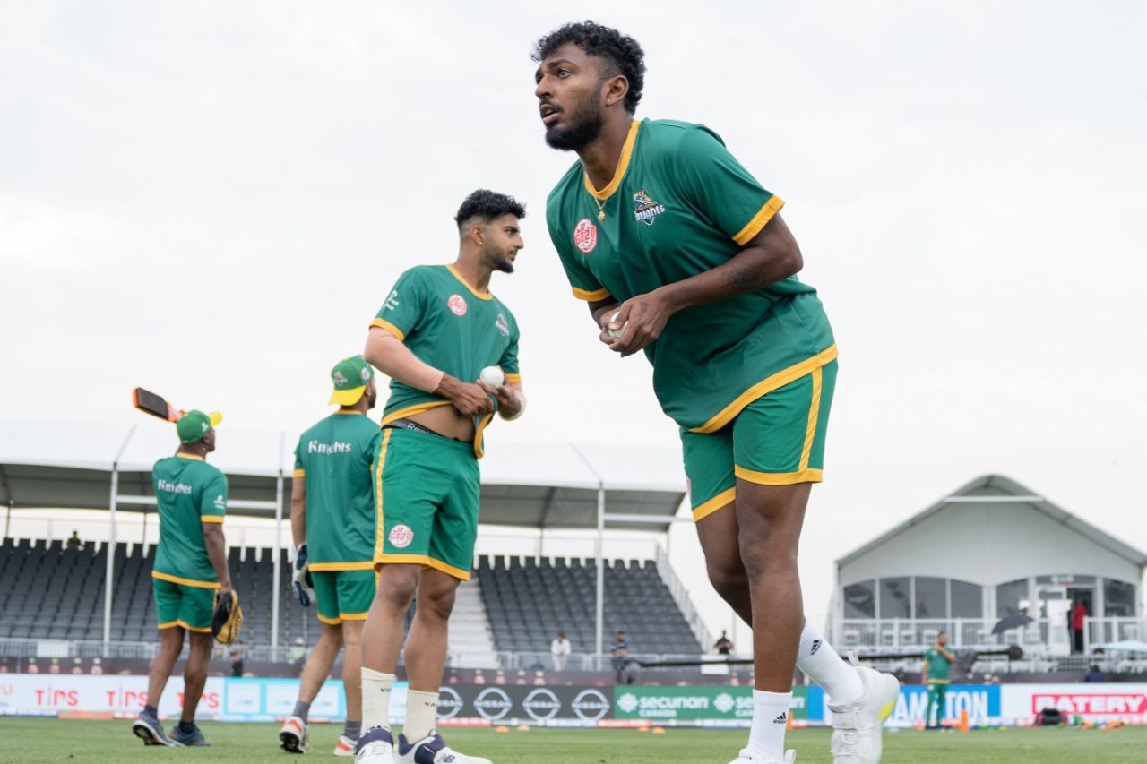 Karthik Meiyappan prepares for his debut in the Global T20 Canada, Brampton Wolves vs Vancouver Knights, Global T20 Canada, Brampton, July 28, 2023