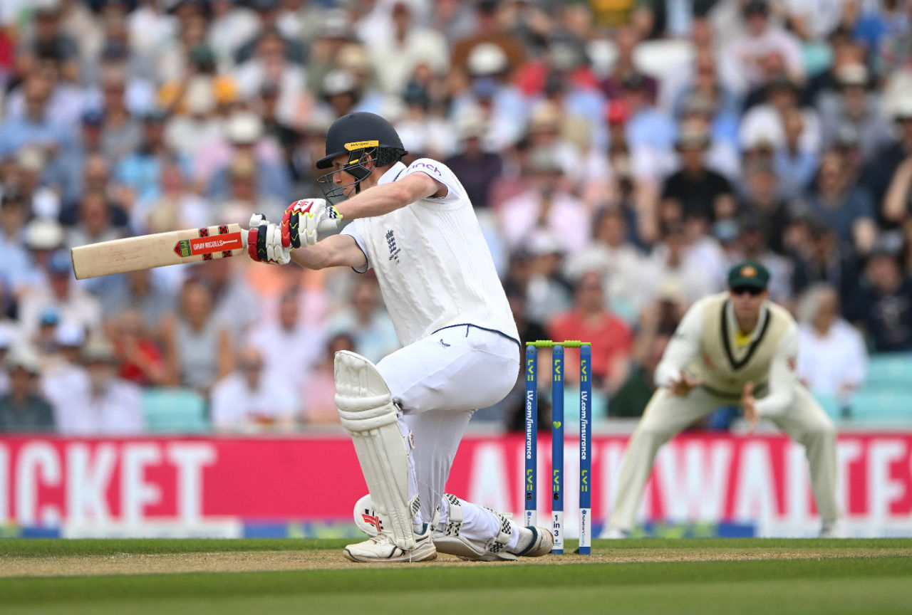 Zak Crawley drives through the covers off the first ball of the second innings, England vs Australia, 5th men's Ashes Test, The Oval, 3rd day, July 29, 2023