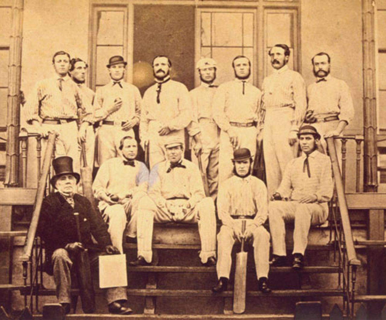 The England cricket team assembled at Lord's in London before leaving for the 1863 tour of Australia. Julius Caesar, Alfred Clarke, George Tarrant, George Parr, E M Grace, Robert Carpenter, George Anderson, William Caffyn; (bottom row) Robert C Tinley, Thomas Lockyer, Thomas Hayward, John Jackson, October 1, 1863
