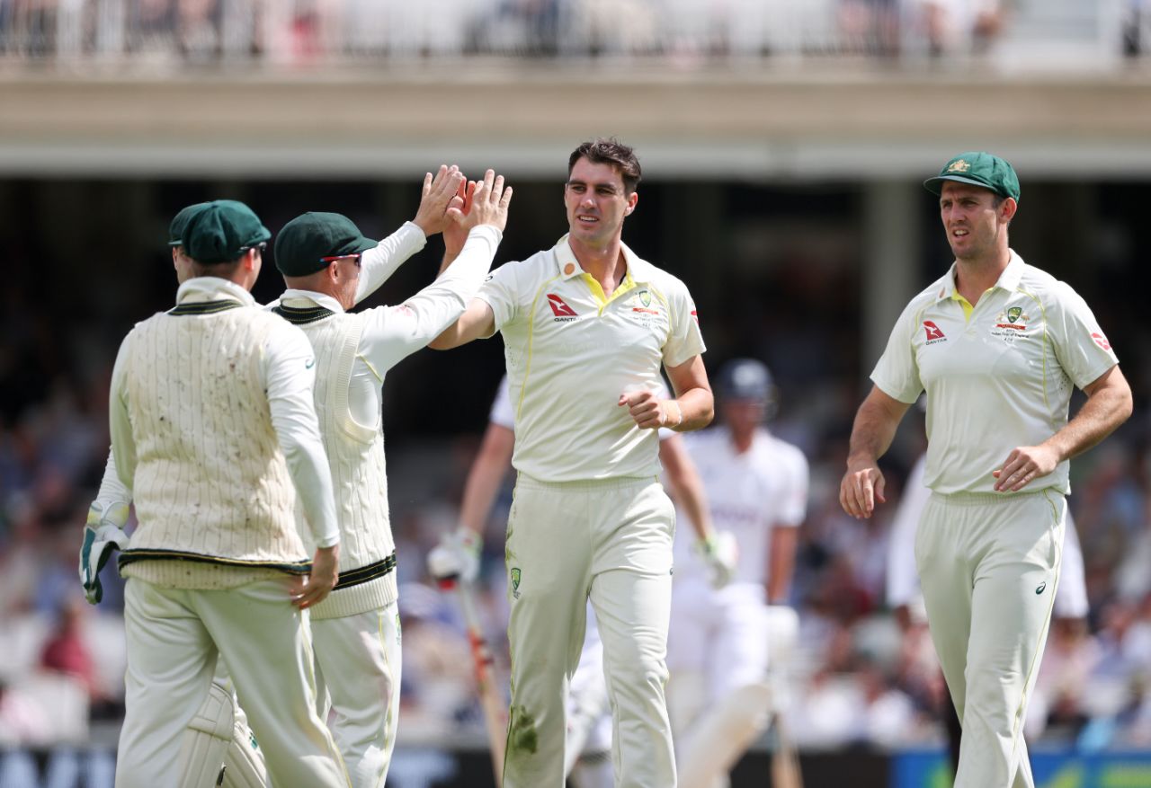 Pat Cummins celebrates the dismissal of Zak Crawley, England vs Australia, 5th men's Ashes Test, The Oval, 3rd day, July 29, 2023