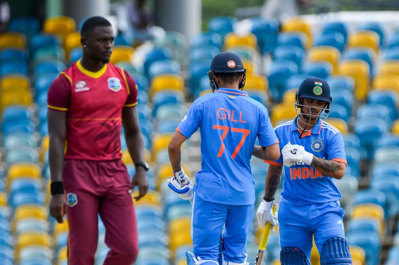 Jayden Seales looks on as Ishan Kishan, Shubman Gill roll along, West Indies vs India, 2nd ODI, Bridgetown, July 29, 2023