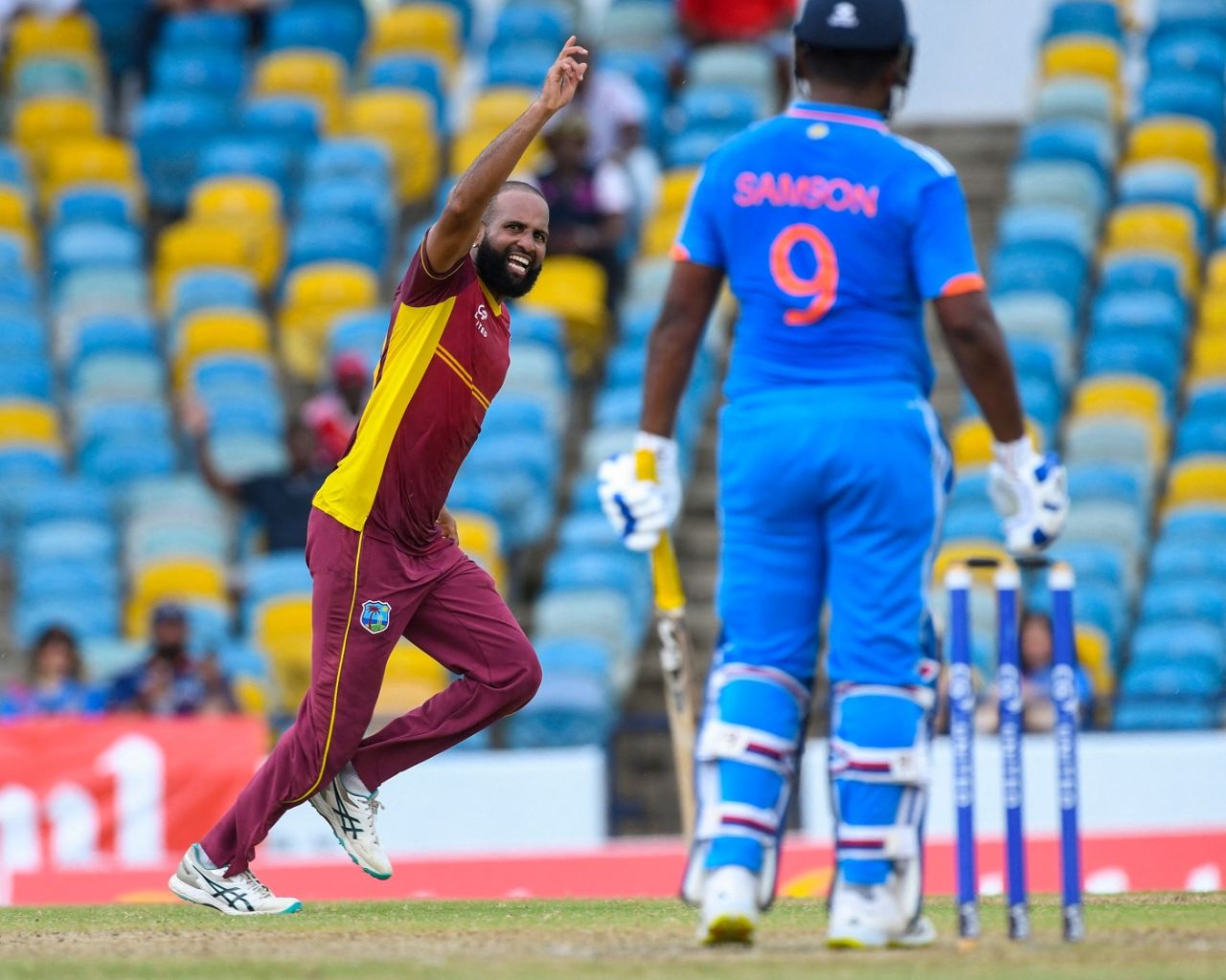 Yannic Cariah wheels away in celebration after getting Sanju Samson to edge one to slip, West Indies vs India, 2nd ODI, Bridgetown, July 29, 2023