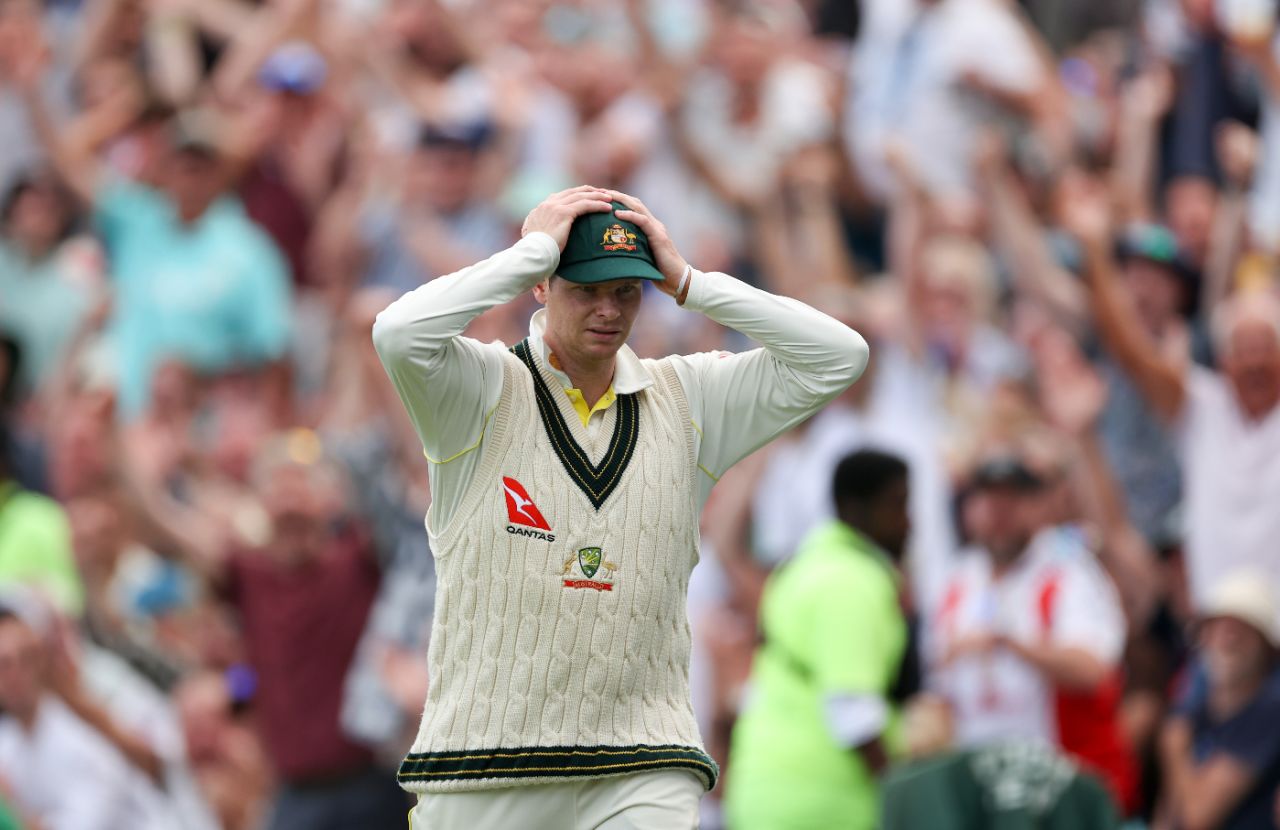 Steve Smith reacts after a catch in the deep goes down, England vs Australia, 5th men's Ashes Test, The Oval, 3rd day, July 29, 2023