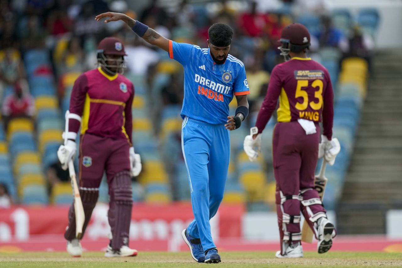 Hardik Pandya gestures amid a brisk opening stand, West Indies vs India, 2nd ODI, Bridgetown, July 29, 2023