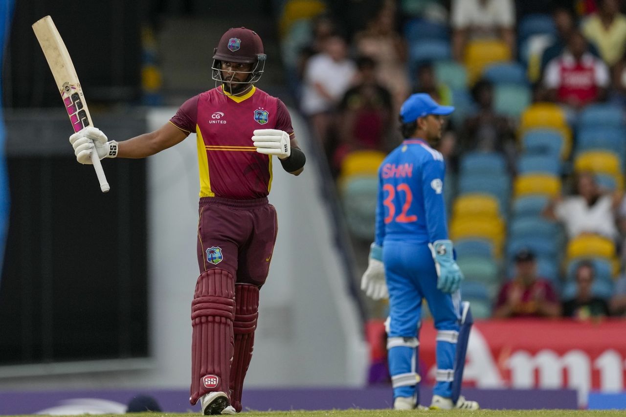 Shai Hope celebrates his fifty, West Indies vs India, 2nd ODI, Bridgetown, July 29, 2023