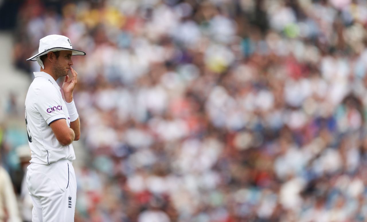 Stuart Broad contemplates the match situation in his final Test, England vs Australia, 5th men's Ashes Test, The Oval, 4th day, July 30, 2023