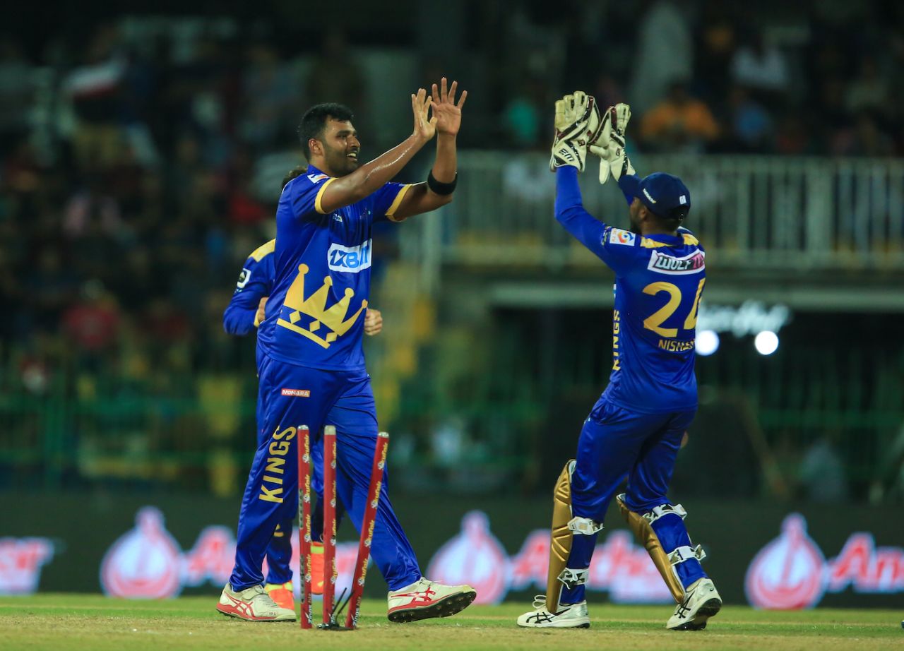 Thisara Perera celebrates with Nishan Madushka, Colombo Strikers vs Jaffna Kings, LPL 2023, July 30, 2023