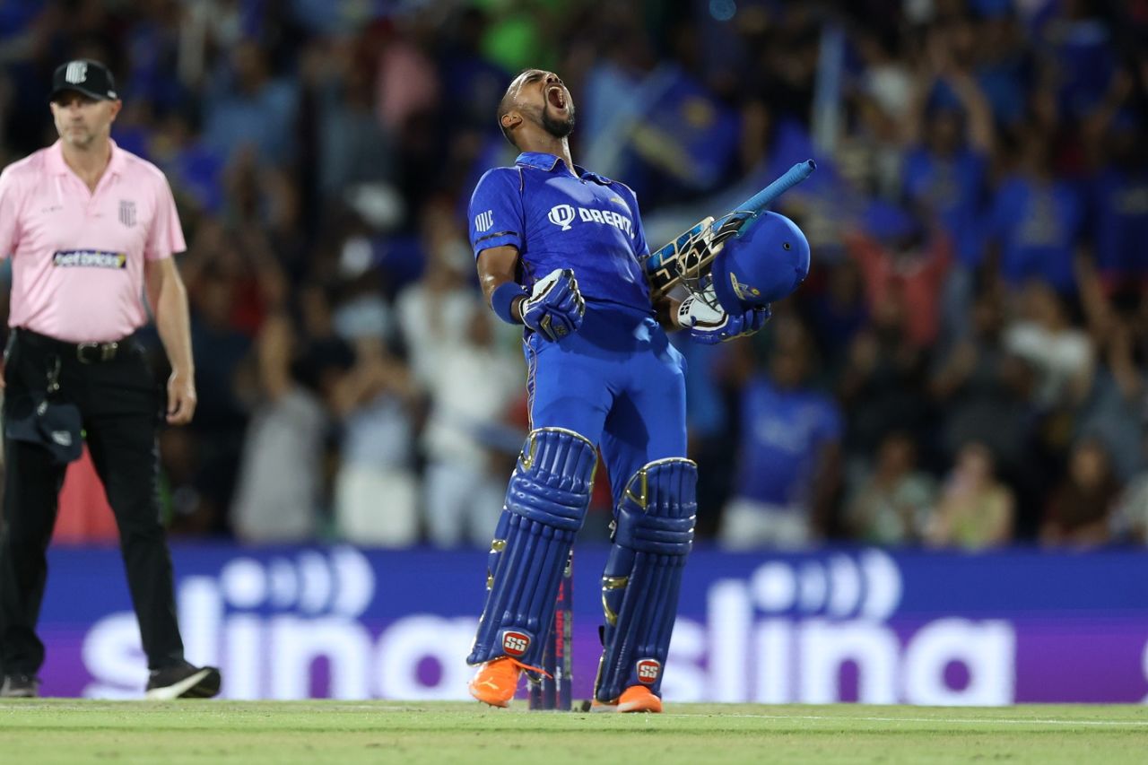 Nicholas Pooran celebrates his 40-ball century, MI New York vs Seattle Orcas, MLC final, Dallas, July 30, 2023