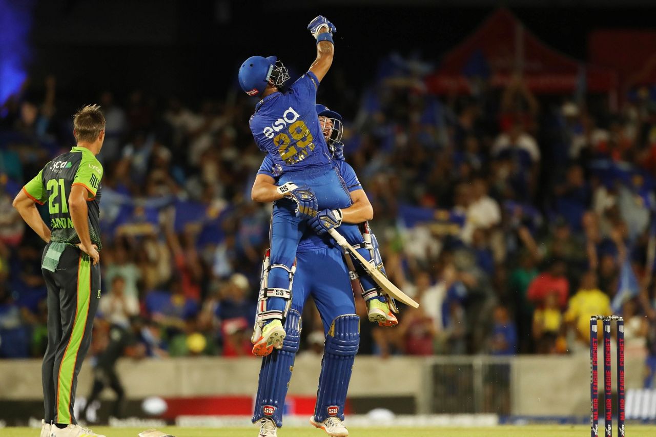 Nicholas Pooran and Tim David celebrate MI New York's title win, MI New York vs Seattle Orcas, MLC final, Dallas, July 30, 2023