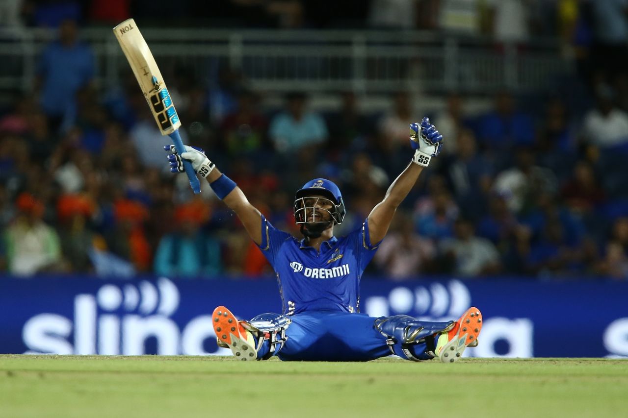 Nicholas Pooran celebrates after hitting the winning runs, MI New York vs Seattle Orcas, MLC final, Dallas, July 30, 2023