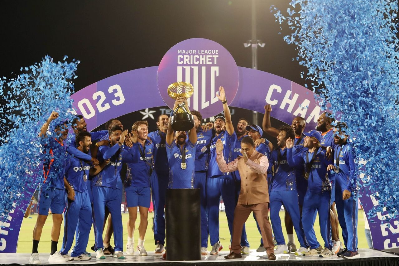 Nicholas Pooran lifts the trophy after leading MI New York to the inaugural MLC title, MI New York vs Seattle Orcas, MLC final, Dallas, July 30, 2023