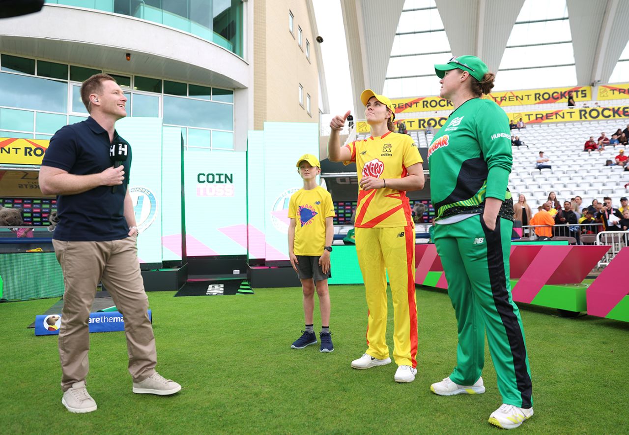 Eoin Morgan, Nat Sciver-Brunt and Anya Shrubsole at the toss, Trent Rockets vs Southern Brave, The Hundred Women's Competition, Trent Bridge, August 1, 2023