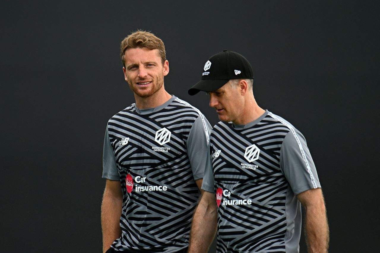 Jos Buttler and Simon Katich wait for the rain to clear, Welsh Fire vs Manchester Originals, The Hundred Men's Competition, Cardiff, August 2, 2023