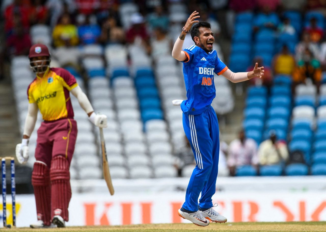 Yuzvendra Chahal is up in excitement after trapping Brandon King, West Indies vs India, 1st T20I, Tarouba, August 3, 2023