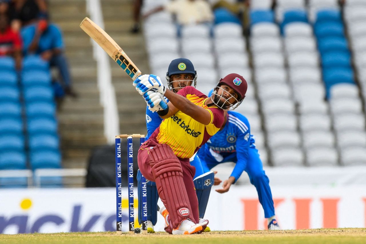 Nicholas Pooran frees his arms with a big hit, West Indies vs India, 1st T20I, Tarouba, August 3, 2023