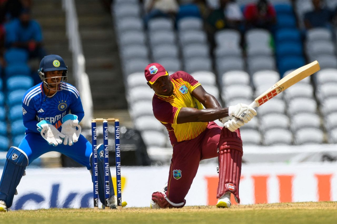 Rovman Powell swings at the ball, West Indies vs India, 1st T20I, Tarouba, August 3, 2023