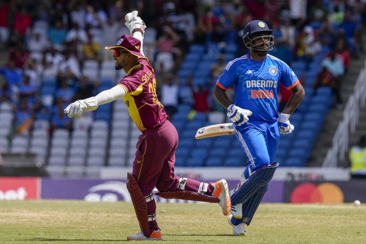 Nicholas Pooran celebrates after Sanju Samson was run out for 12, West Indies vs India, 1st T20I, Tarouba, August 3, 2023