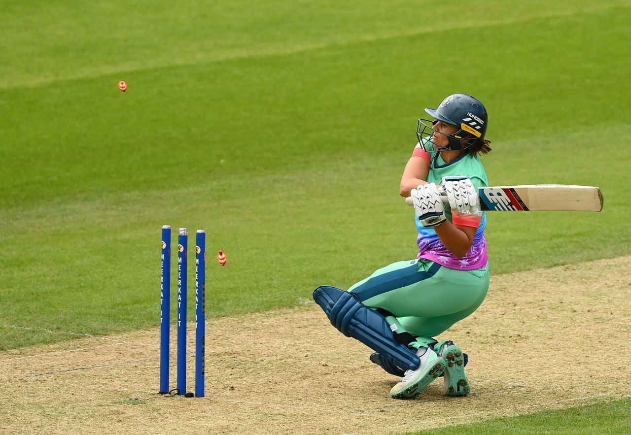 Suzie Bates is cleaned up by Shabnim Ismail, Oval Invincibles vs Welsh Fire, Women's Hundred, London, August 6, 2023