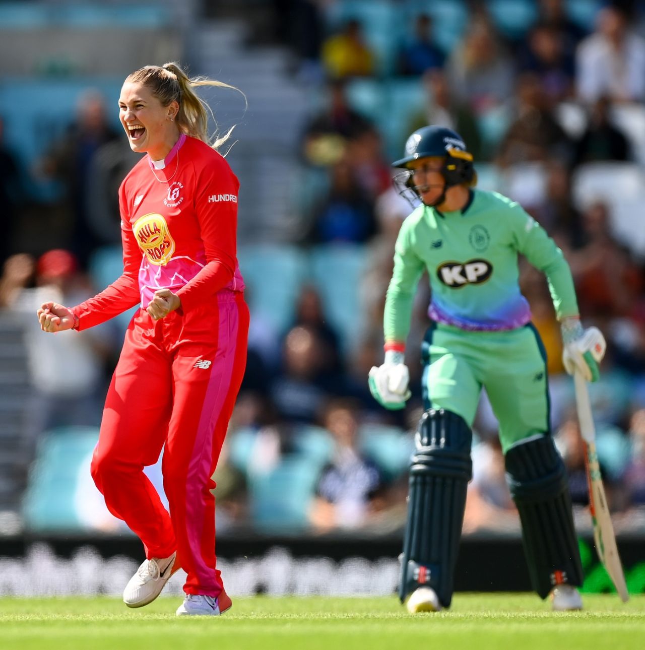Alex Griffiths celebrates the wicket of Dane van Niekerk, Oval Invincibles vs Welsh Fire, Women's Hundred, London, August 6, 2023