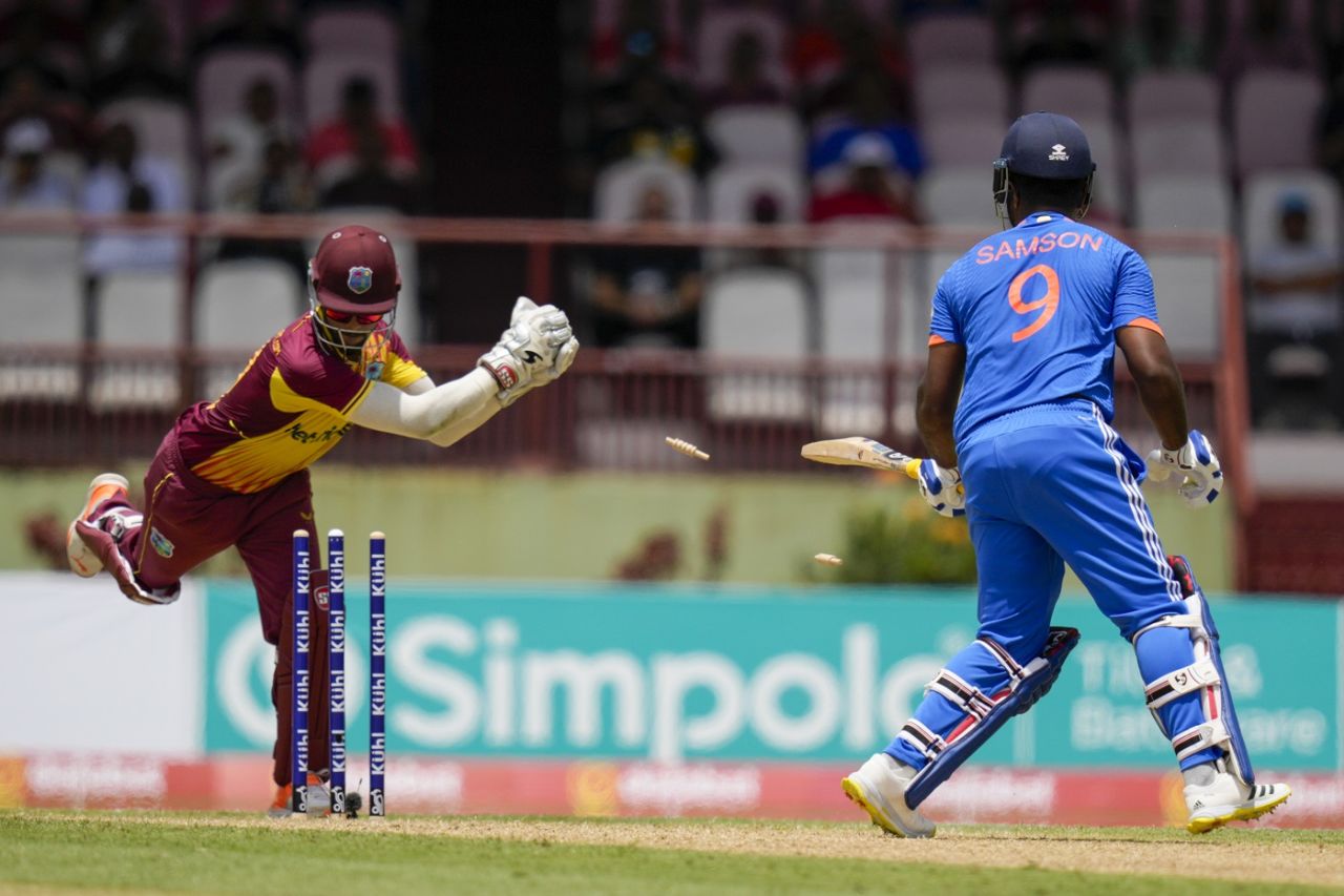 Sanju Samson missed the line completely to be stumped, West Indies vs India, 2nd T20I, Guyana, August 6, 2023