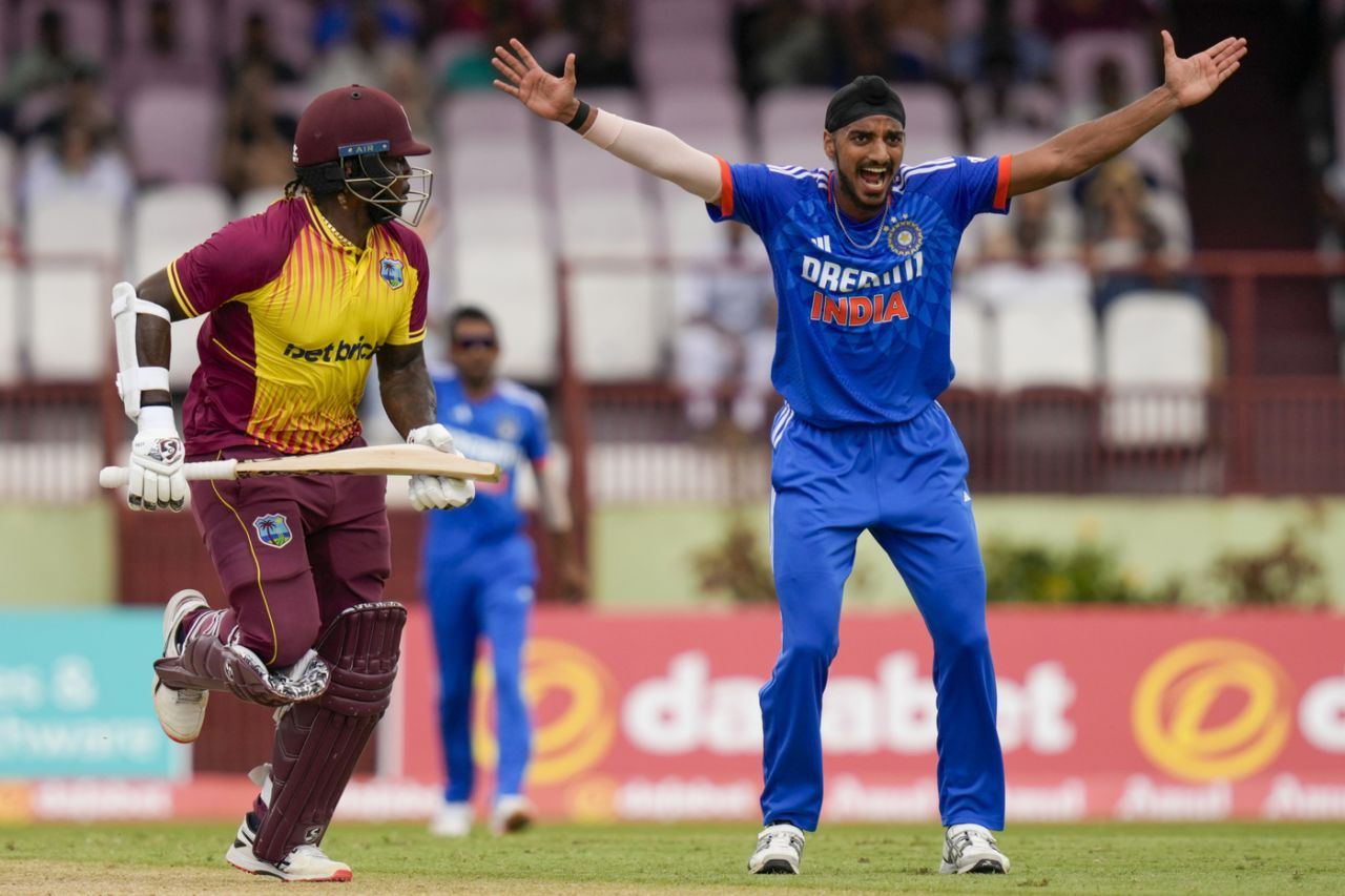 Arshdeep Singh appeals successfully for the wicket of Kyle Mayers, West Indies vs India, 2nd T20I, Georgetown, Guyana, August 6, 2023