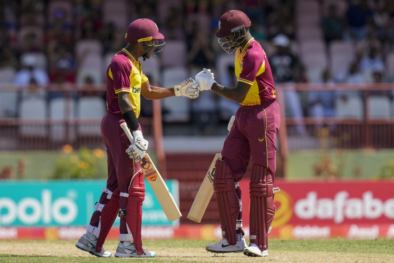 Akeal Hosein and Alzarri Joseph celebrate carrying West Indies home with an unbroken 26-run ninth-wicket stand, West Indies vs India, 2nd T20I, Georgetown, Guyana, August 6, 2023