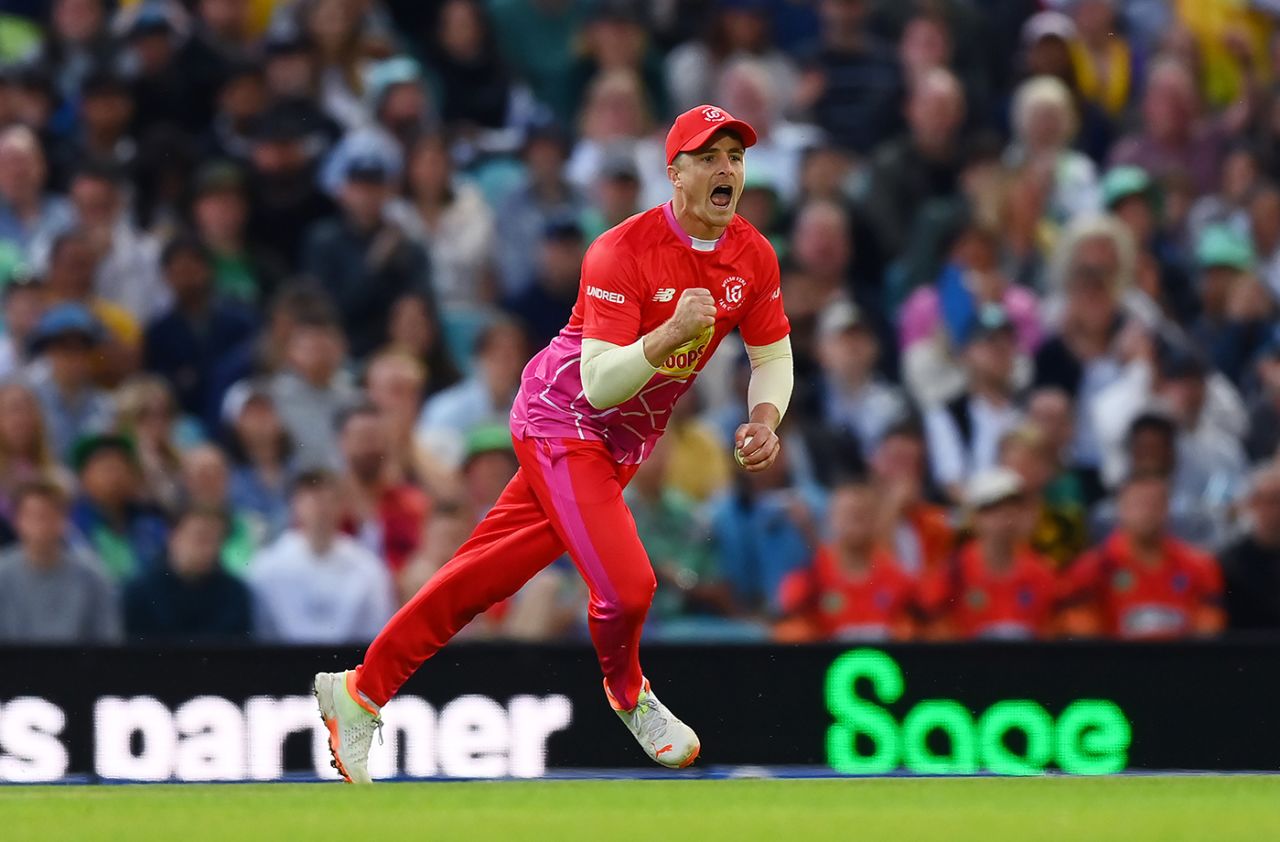 Tom Abell celebrates a catch to remove his opposite number, Oval Invincibles vs Welsh Fire, Men's Hundred, London, August 6, 2023