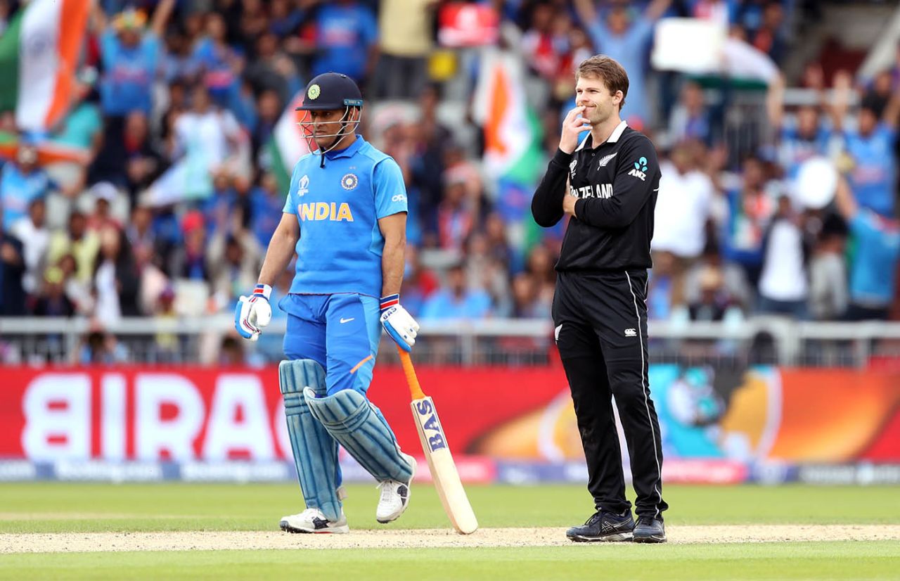 MS Dhoni and Lockie Ferguson look on, India v New Zealand, World Cup 2019, Old Trafford, July 10, 2019