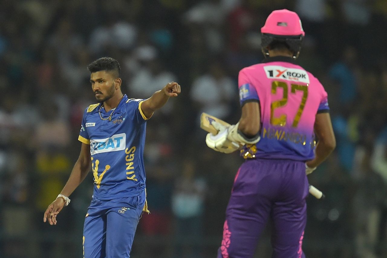 Dilshan Madushanka celebrates dismissing Nuwanidu Fernando, Colombo Strikers vs Jaffna Kings, Pallekele, Lanka Premier League, August 8, 2023